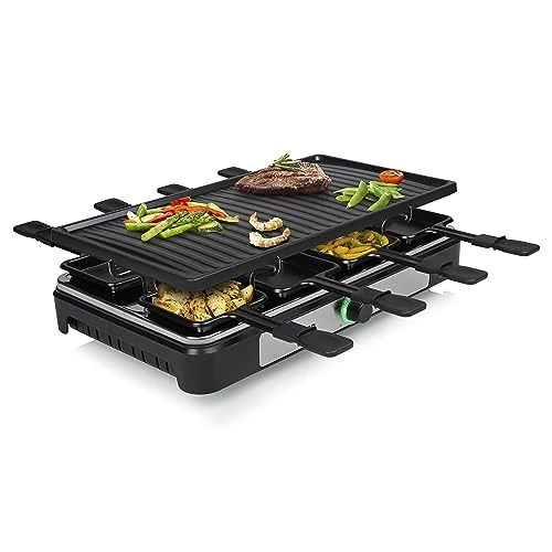 Tristar Raclette - 8 persone - Superficie di cottura 42 x 23 cm - Termostato regolabile con anello illuminato - 1400 W - Nero - RA-2746