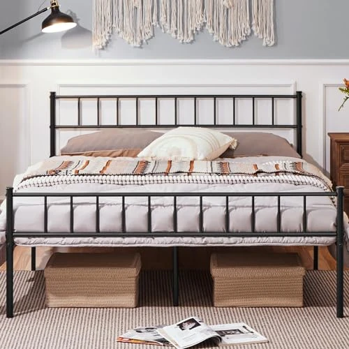 Yaheetech Rama podwójnego łóżka z kutego żelaza z metalowych listew 160 x 200 cm Prosty zagłówek czarny