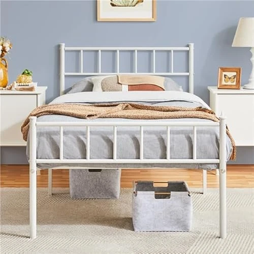 Yaheetech Einzelbett Bettrahmen 90x200cm Schmiedeeisen Latten Einfaches Kopfteil Metall Schlafzimmer Wohnzimmer Weiß
