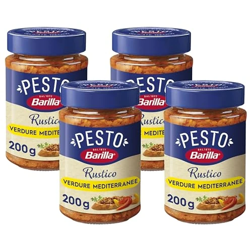 Barilla Sugo Pesto Rustico Mediterraneo, con Zucchine, Peperoni e Pomodori, Senza Glutine – 200 g (Confezione da 4)
