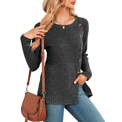 NARRAME Damen-Pullover langärmelig Damenoberteile Knöpfe seitlicher Schlitz Bluse Pullover Frühling Herbst groß Dunkelgrau EU L