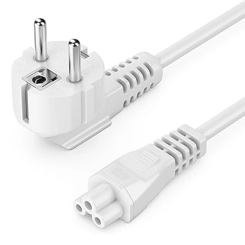 deleyCON 1m Netzkabel Stromkabel Schutzkontakt Stecker Typ F (CEE 7/4) 90° Gewinkelt auf IEC C5 Buchse 2,5 Ampere Kleeblattkupplung TV Monitor Bildschirm Laptop Notebook Netzteil - Weiß