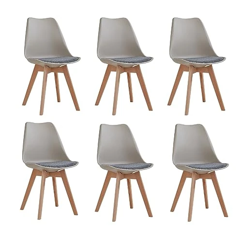 Offerta a tempo: BenyLed - Set di 6 sedie da sala da pranzo scandinave, moderne sedie da cucina con cuscino in tessuto, sedie supplementari in lino con gambe in faggio, colore: marrone, tessuto - 17% da 119.00 € a 99.00 €