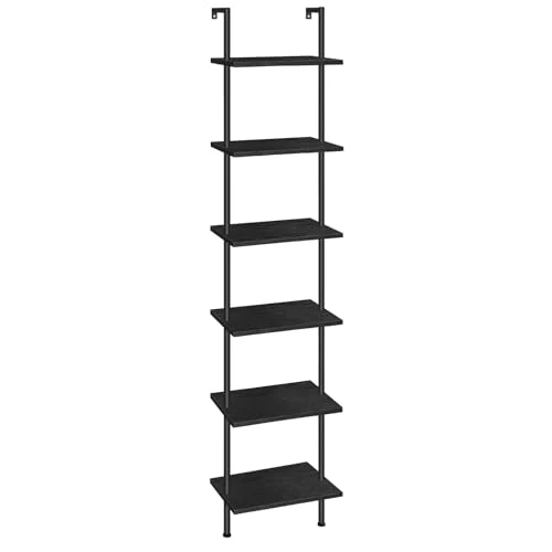 HOOBRO DIY Ladder Shelf, 6-Tier Wooden Wall Mounted Bookshelf, Narrow Bookcase, Display Shelf, Storage Rack, Plant Stand, for Living Room, Bedroom, Study, Balcony, Black BB651CJ01