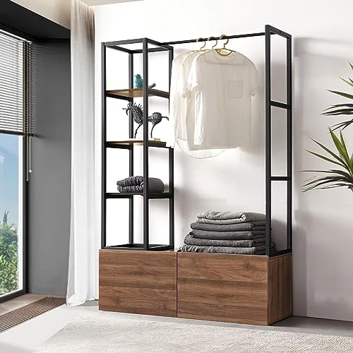 Offerta a tempo: en.casa] Armadio Aperto per Guardaroba Porta Abiti da Camera Appendiabiti da Terra 180 x 120 x 40 cm Mobile Organizzatore con Cassetti Ripiani e Asta Barra - Color Noce/Nero — 16% da 196,99 € a 164,53 €