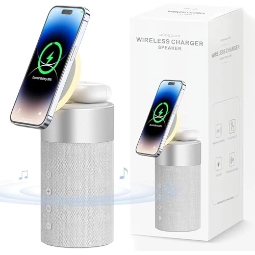 COLSUR Enceinte Bluetooth Haut Parleur Mag-Safe Chargeur Magnétique sans Fil 2 en 1 avec Veilleuse pour iPhone 17/16/15/14/13/12 AirPods Pro/4/3/2 Series-Gris