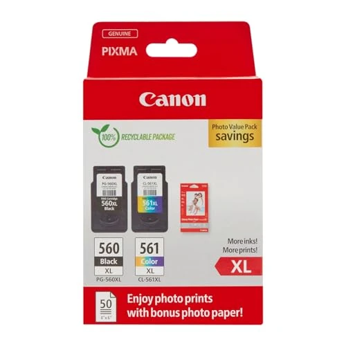 Canon Confezione multipla cartucce d'inchiostro stampanti PG-560XL/CL-561XL pacco da 2 (1 nero XL, 1 a colore XL) e carta fotografica 4x6 (50 fogli)