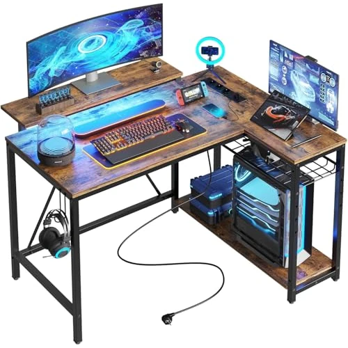 Offerta a tempo: Bestier Scrivania a Forma di L con Prese di Corrente e Luci a LED Scrivania ad Angolo con Ripiani Scrivania per Computer Reversibile con Ganci per Casa Ufficio Camera da Letto Piccolo Spazio 106,5 cm - 35% da 94.99 € a 61.87 €