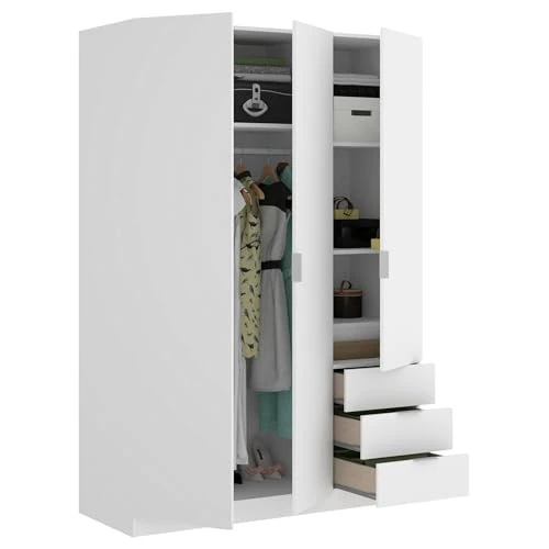 DMORA Szafa Cytryna, szafka na ubrania do sypialni, szafa 3 drzwi skrzydłowe i 3 szuflady, 121x52h184 cm, biały