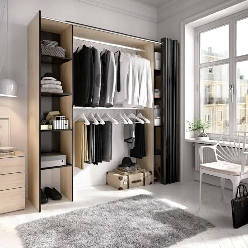 DMORA - Wardrobe Manaslu, Structure for walk-in closet, Open extendable coat rack, 180x50h205 cm, Oak and Gray