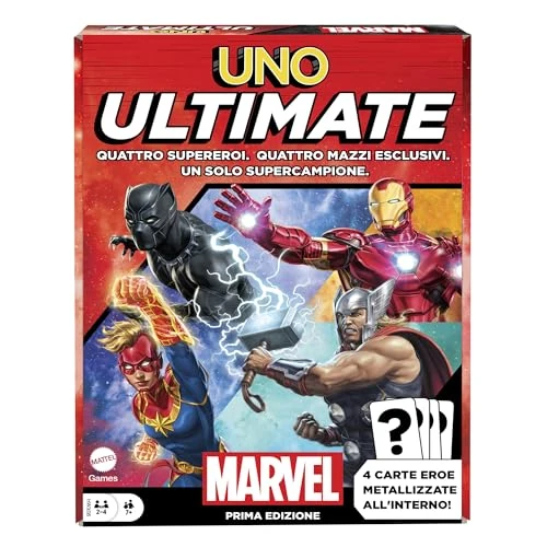 Offerta a tempo: Mattel Games UNO Ultimate Marvel, gioco con 4 carte laminate da collezione e supereroi Black Panther, Captain Marvel, Iron Man e Thor, giocattolo per bambini, 7+ anni, Versione italiana, HWX08 - 48% da 27.99 € a 14.53 €