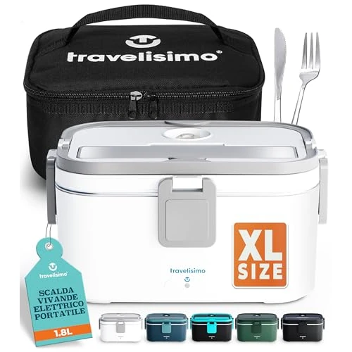 TRAVELISIMO Extra-Large Heated Lunch Box – Holds up to 1.8L – 80W Electric Lunch Box, Stainless Steel Heated Lunch Boxes for Adults 3 in 1 for Car, Electric Lunchbox 12V/24V/230V Self Heating Lunchbox