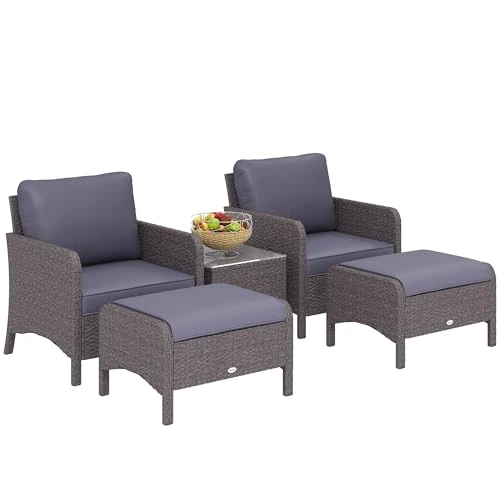 Outsunny Ensemble de meubles de jardin 2 fauteuils 2 repose-pieds 1 table basse en verre trempé rotin gris