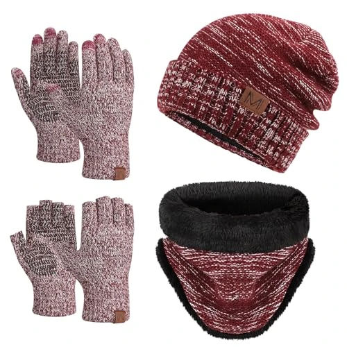 Offerta a tempo: Maylisacc 4 Pezzi Berretto Invernale Sciarpa Snood Termica e Guanti Touchscreen Lavorati a Maglia e Guanti Senza Dita Accessori per la Stagione Fredda per Donna Uomo - Rosso - 25% da 39.99 € a 29.99 €