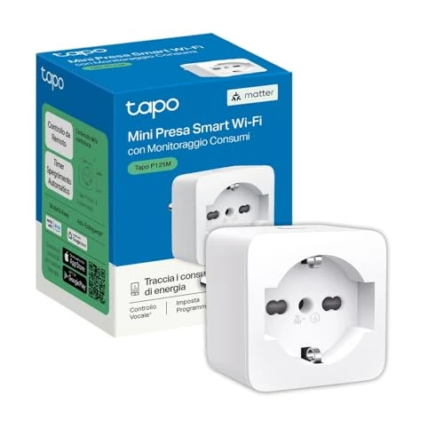 TP-Link Tapo P125M Matter Smart Italian Energy Monitoring Socket, Smart Plug WiFi Smart, Compatible with Alexa and Google Home, Voice and Remote Control, Time Preset
