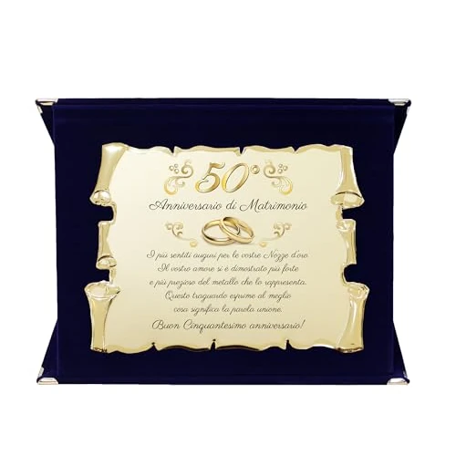 Targa Cinquantesimo Anniversario di Matrimonio | Elegante Regalo 50° Nozze d'Oro | Targhetta Pergamena dorata su cofanetto in velluto (Blu e Dorato, 50)