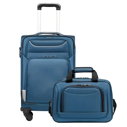 COOLIFE Suitcase Trolley Suitcase Travel Suitcase of 4 Wheels Fabric Suitcase Hand Luggage TSA Lock The Suitcase Includes 1 Large Shoulder Bag, Blue and silver, Handgepäck-Set 2tlg, Oxford fabric