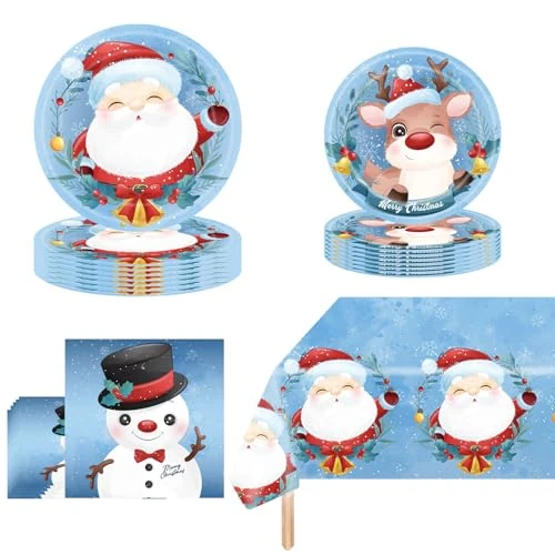 POPOYU 53 Pezzi Stoviglie per Natale,Set di Stoviglie a Tema Natale,Babbo Pupazzo di Neve Piatti Stoviglie Carta con Tovaglia,Piatti di Carta,Tovaglioli, per Addobbi Festa Natale(16 Ospiti)