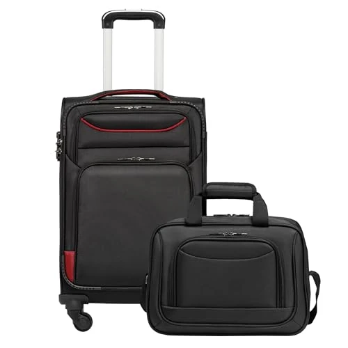 COOLIFE Suitcase Trolley Suitcase Travel Suitcase of 4 Wheels Fabric Suitcase Hand Luggage TSA Lock The Suitcase Includes 1 Large Shoulder Bag, Black+red, Handgepäck-Set 2tlg, nice