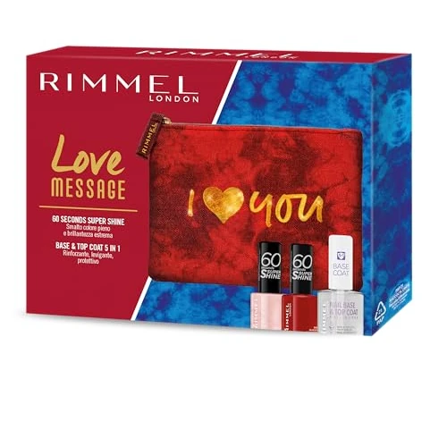 Offerta a tempo: Rimmel London Kit Regalo Donna Love Message, Pochette Small Red con Nail Base & Top Coat 5in1 e Smalto Unghie 60 Seconds Colore 210 Ethereal e 315 Queen of Tarts - 35% da 17.08 € a 11.16 €