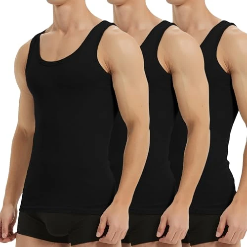 Falechay Men's Tank Top Pack of 5 Cotton Fine Rib Sleeveless Muscle Shirt Men's Sports Vests, 3 x black., XXL