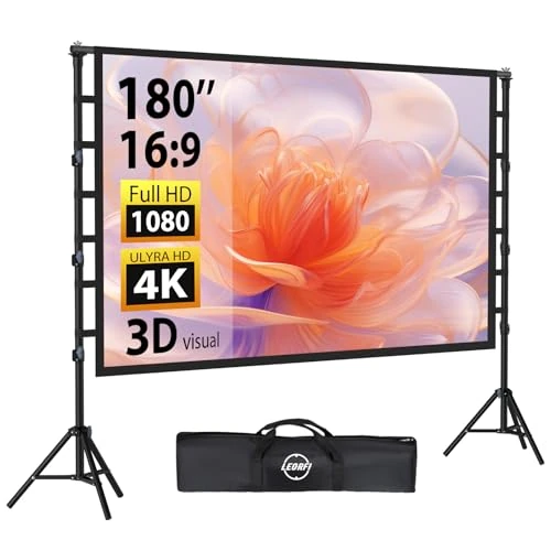 Offerta a tempo: Schermo per Proiettore 180” Pollici con Treppiedi, LEORFI Schermo di Proiezione Supporta 4K Full HD 16:9, Schermo Portatile Pieghevole, Altezza Regolabile, Campeggio All'aperto e Teatro Domestico - 32% da 179.99 € a 122.16 €