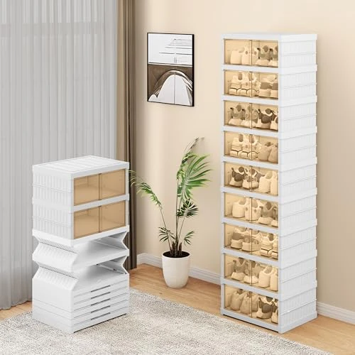 YITAHOME Schoenendoos, 18 stuks opvouwbare schoenorganisatorcontainers, duurzame en ademende schoen, stapelbaar met deuren, schoenopbergkast, geschikt voor maat 44 x 34 x 156 cm, eenvoudige