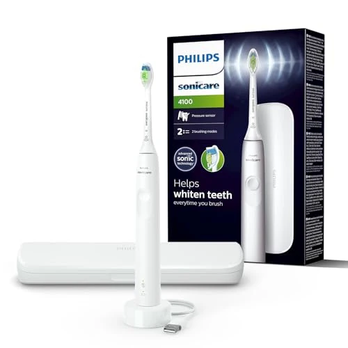 Philips Sonicare 4100 - Spazzolino elettrico Philips Sonicare per adulti con 1 testina sonica Philips W2 Optimal White, custodia da viaggio sottile e caricatore USB modello HX3683/33