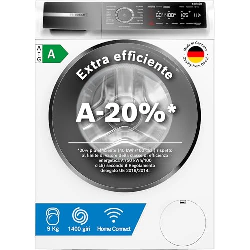 Offerta a tempo: Bosch WGB24400IT Serie 8 Lavatrice smart a carica frontale, 9 kg, 1400 giri, Efficienza energetica A -20%, motore inverter con 10 anni di garanzia, riduce le pieghe, Bianco, 60 Cm - 17% da 899.00 € a 745.49 €