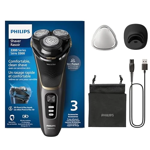 PHILIPS Shaver Series 3000 – Elektrischer Nass- und Trockenrasierer für Männer in Schwarz, mit SkinProtect-Technologie, ausklappbarem Bartschneider, Ladestation und Reisetasche (Modell S3342/13)
