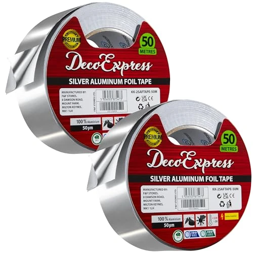 Oferta limitowana: DECO EXPRESS Taśma aluminiowa, metalowa taśma uszczelniająca 45 mm x 10/25/50m, taśma klejąca o wysokiej temperaturze do napraw prac DIY (50 M - 2 sztuki) z 100.99 zł na 100.99 zł (oszczędź 0.00%)