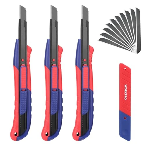 Tijdelijke aanbieding: WORKPRO 3 stuks cuttermessen set 9 mm met 10 reservemesjes van SK5, 2-in-1 cuttermes professioneel met comfortabele handgreep, roestvrijstalen rail, kartonnen messen, afbreekmessen, voor het snijden van 12.50 € naar 12.50 € (0.00% k