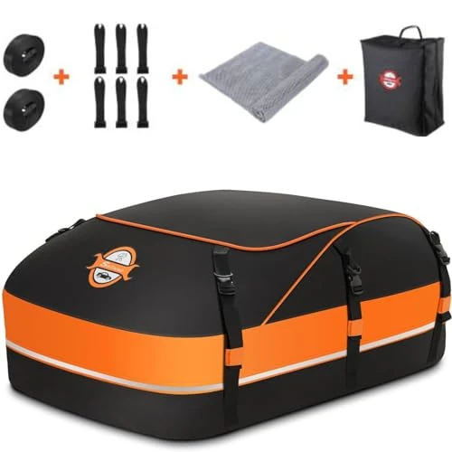 Sailnovo Box Tetto Auto Box Portapacchi per Auto Borsa da Trasporto Impermeabile Per Auto Con O Senza Portapacchi - incluso tappetino protettivo 6 ganci di sicurezza 8 cinghie e custodia(Arancia)