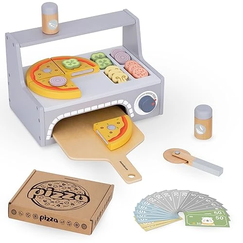 Tijdelijke aanbieding: Mamabrum, houten pizzabakset, houten pizzaoven, pizzastukken, plakjes met diverse ingrediënten, pizzaspatel, beweegbare pizzasnijder pizza kinderen van 24.99 EUR naar 24.99 EUR (korting 0%)