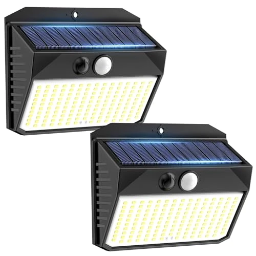 SIGRILL Zewnętrzne lampy solarne z czujnikiem ruchu, 2 sztuki, lampy solarne do użytku na zewnątrz, 150 LED, 3 tryby pracy, lampa solarna na zewnątrz, IP65, lampa solarna do ogrodu, na schody, do