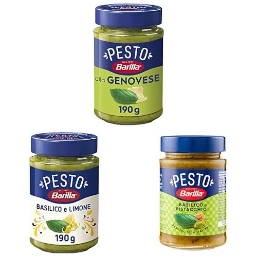 Offerta a tempo: Barilla, Pesto alla Genovese con Basilico Fresco Italiano 190g + Pesto con Basilico e Limone 190g + Pesto Basilico e Pistacchio 190g, Senza Glutine, Sughi Pronti Per Pasta - 41% da 8.62 € a 5.07 €