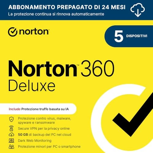Offerta a tempo: Norton 360 Deluxe 2026|Antivirus 5 dispositivi| 24 mesi rinnovo automatico|Digital Download - 62% da 99.99 € a 37.97 €