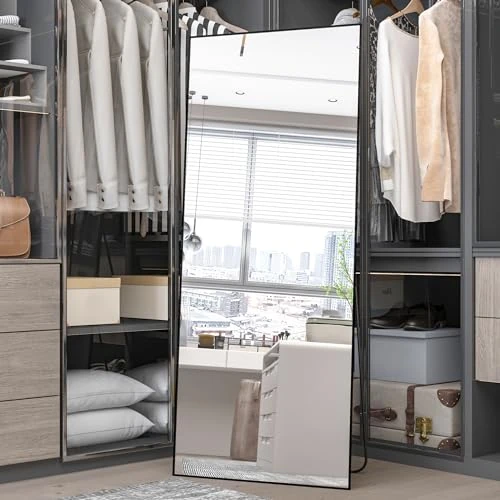 Elemango Specchio da 165 x 60 cm a lunghezza intera, specchio nero, grande specchio rettangolare, da appendere o appoggiato, da parete (nero)