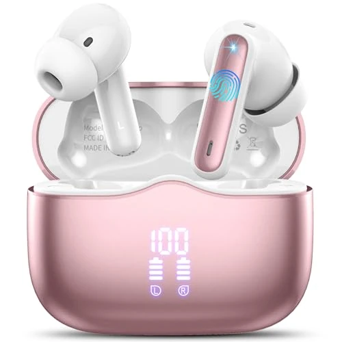 Offerta a tempo: Cuffie Bluetooth, Auricolari Bluetooth 5.3 Stereo HiFi con 4 HD Mics, Mini Cuffie Wireless Cancellazione Rumorecon, Cuffiette Bluetooth per Androide/iOS, USB-C, 40H Earbuds IP7 Impermeabili, Oro Rosa - 56% da 49.99 € a 21.84 €