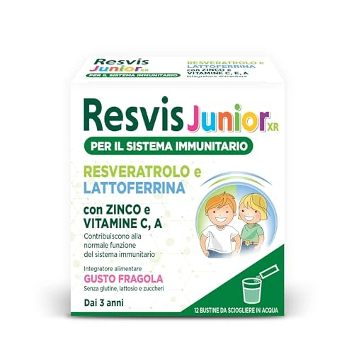 Offerta a tempo: Resvis Junior Xr, Integratore Alimentare di Resveratrolo e Lattoferrina, per il Benessere del Sistema Immunitario, Bambini dai 3 Anni, Senza Glutine, Lattosio e Zuccheri, 12 Bustine , Gusto Fragola - 37% da 21.40 € a 13.39 €