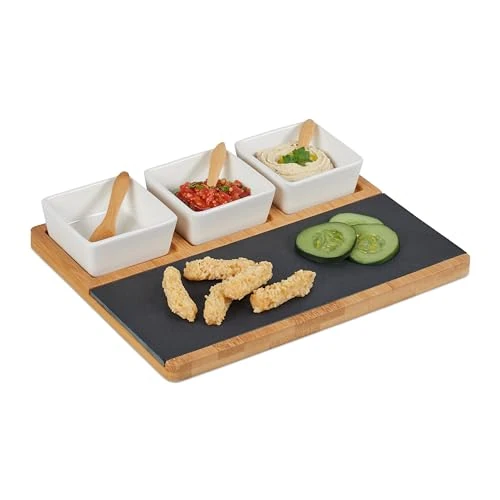 Limited offer: Relaxdays Serving Set 8-pcs, with Bamboo Board, Slate Plate & Spoons, for Dips, Antipasti, Tapas, 4.5 x 28 x 22 cm, Ceramics from 30.11 EUR to 14.57 EUR (save 52%)