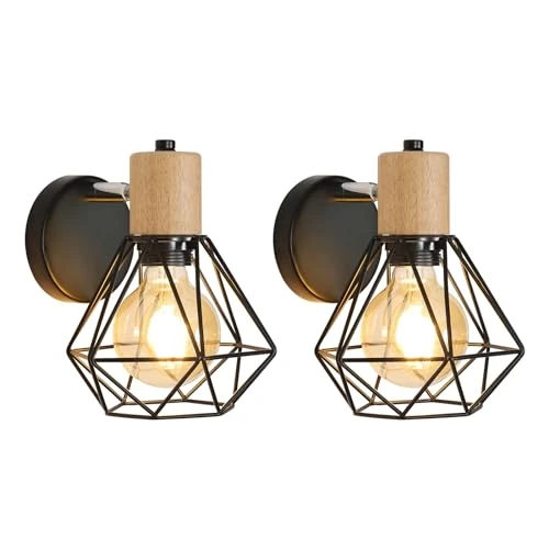 Tijdelijke aanbieding: Toolight 2-delige Wandlamp Indoor Vintage Wandlamp Zwart E27, Wall Spotlight 360° draaibare houten, Plafondspot Metalen IJzeren Kooi voor Slaapkamer Gang Woonkamer Keuken Hotel, Max 60W van 34.98 € naar 33.54 € (4% korting)