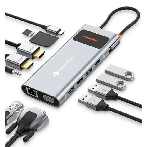 Offerta a tempo: Docking Station USB C Triplo Display, NOVOO 12 in 1 Hub USB C con 2 4K HDMI, VGA, 1000Mbps Ethernet, Lettore SD/TF, 4 USB, Audio da 3,5 mm e Ricarica Rapida PD 100W per MacBook/Dell/Surface/HP - 19% da 52.99 € a 42.79 €