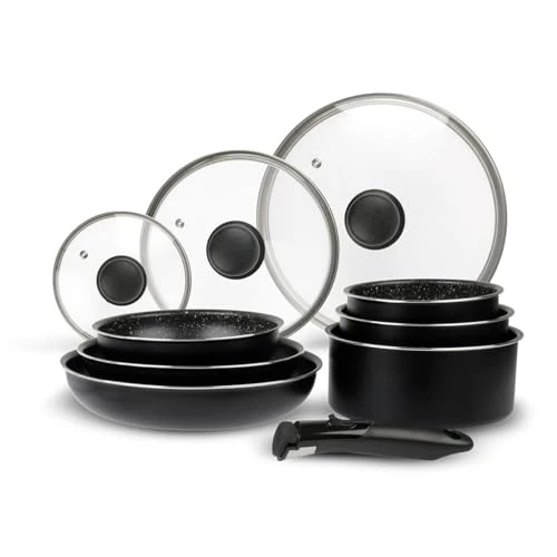 Tijdelijke aanbieding: Sitram 713499 Aluminium kookgerei 10-delig: 3 pannen Ø 20,24,28 cm + 3 pannen Ø 16,18,20 cm + 3 glazen deksels Ø 16,20,24 cm + afneembare handgreep, voor alle warmtebronnen inclusief inductie van 80.66 EUR naar 80.66 EUR (korting 0%)
