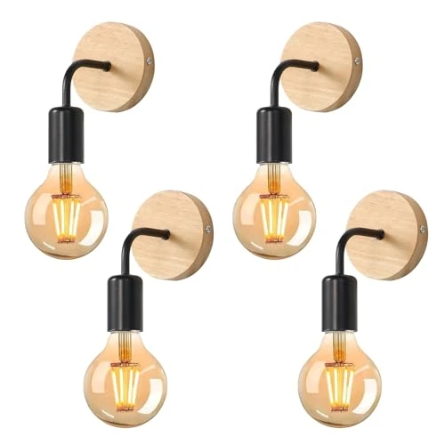 Offerta a tempo: Tealight 4 Pezzi Applique da Parete Interno, Lampada da Parete Vintage in Legno Metallo Design, E27 Illuminazione Interni Lampada a Muro per Camera da Letto, Corridoio, Soggiorno, Nero - 41% da 29.99 € a 17.80 €