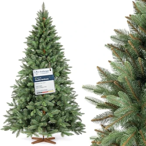 FAIRYTREES Artificial Christmas Tree, Nordmann Fir Premium 220 cm, Natural-Looking Injection-Molded Elements, Made in EU, Artificial Christmas Tree with Handcrafted Ash Wood Stand