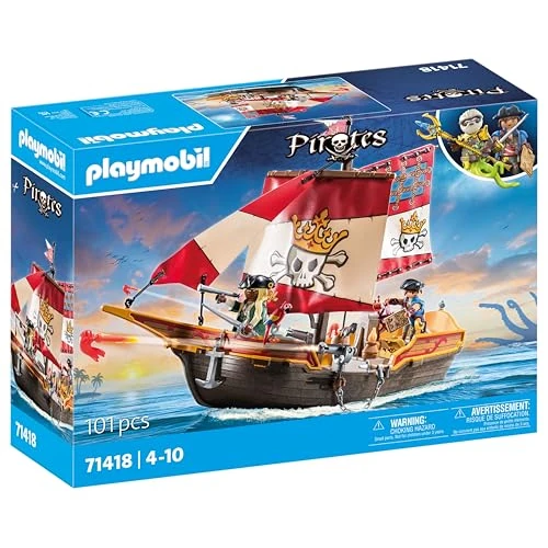 PLAYMOBIL Pirates 71418 Barco Pirata, emocionantes Aventuras en Alta mar, con Accesorios completos como un telescopio, brújula y cañones, Juguetes para niños a Partir de 4 años