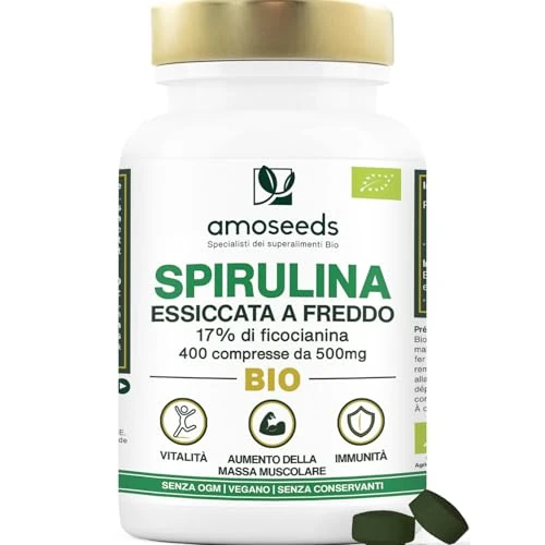 Spirulina BIO, 4500mg al giorno | 17% Ficocianina, essiccata a freddo | 400 compresse vegane de 500mg | Vitamine, Diminuisce la stanchezza, Sistema immunitario | Qualità superiore