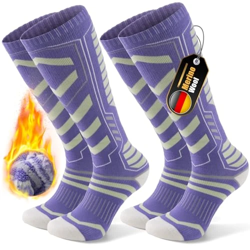 PULIOU Skisocken Merinowolle, Thermosocken Herren Snowboarden, Atmungsaktiv Schnell Trocknend Antiblasen Warme Dicke Merino Socken Für Kaltes Wetter Herren Damen Jugendliche 35-51(2 Paar) Violett L