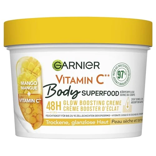 Garnier Cuidado corporal nutritivo para pieles pálidas y secas, mantequilla corporal con mango y vitamina C, para hasta 48 horas de hidratación, superalimento corporal, 1 x 380 ml